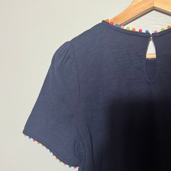 Women's Size 8/M Boden Ali Jersey T-Shirt Navy Blue Short Sleeve Pom Pom Keyhole - Picture 3 of 8